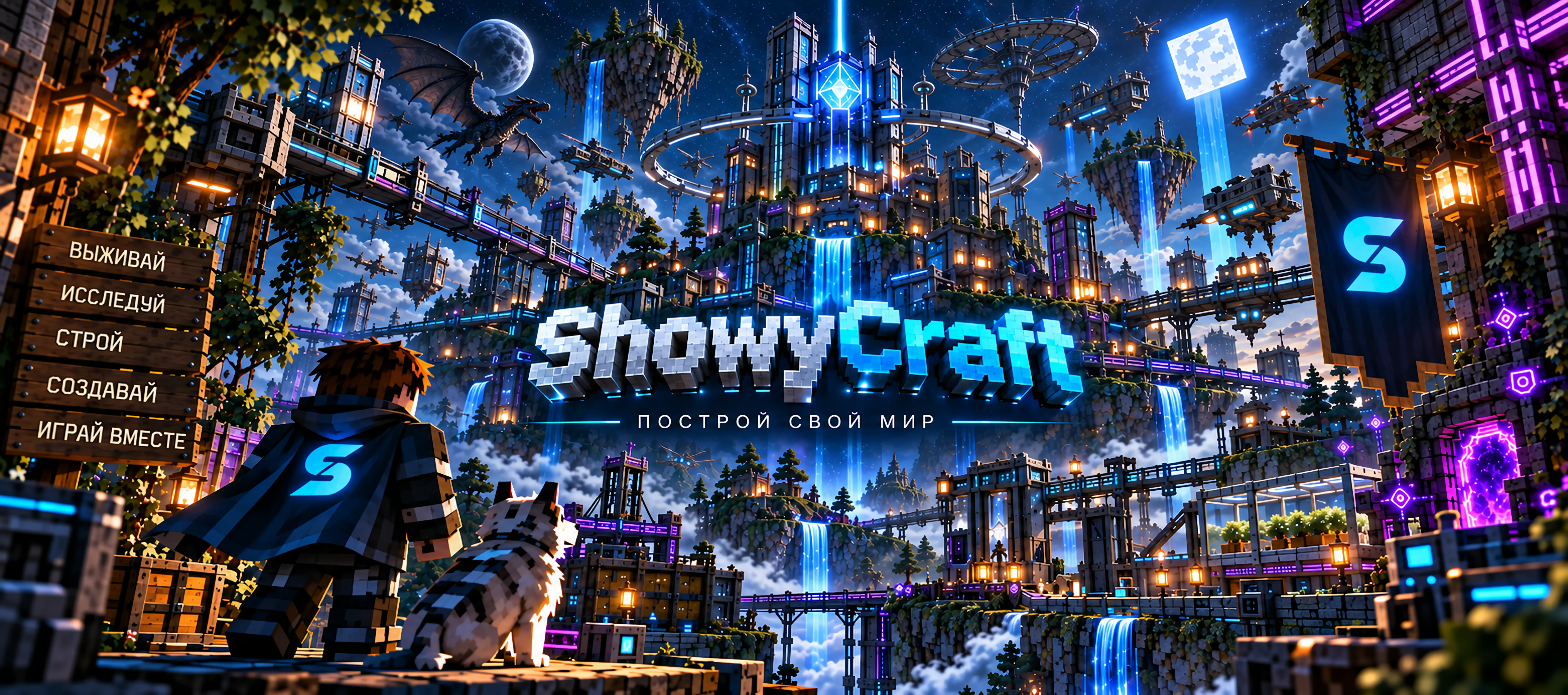 Ночной замок ShowyCraft под северным сиянием, путешественник и волк